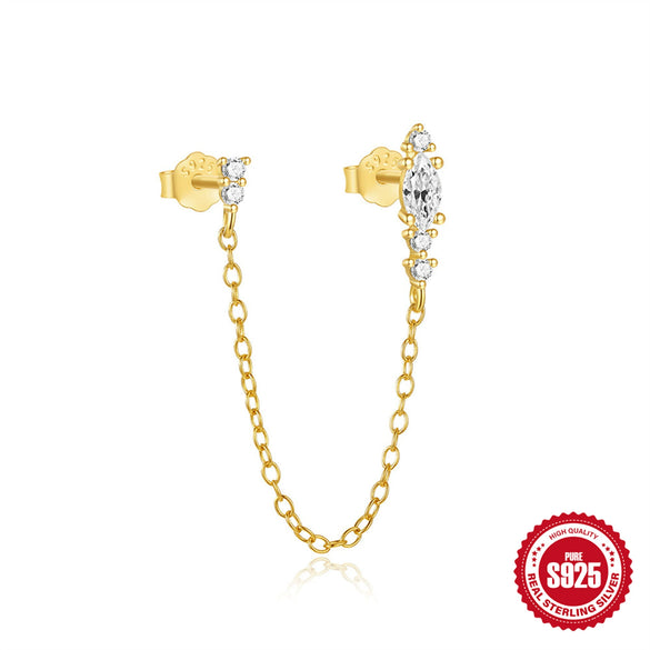 Wholesale S925 Sterling Silver Simple Double Stone Tassel Ear Clip Earrings With Chain Tassel Geometric Shape Electroplated For Women
