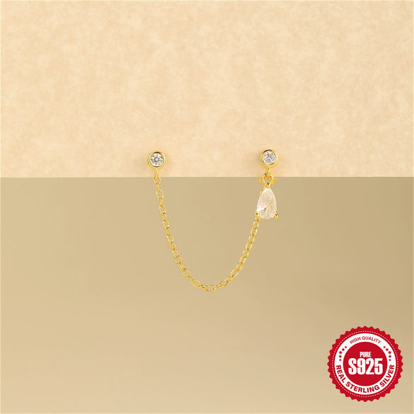 Wholesale S925 Sterling Silver Simple Double Stone Tassel Ear Clip Earrings With Chain Tassel Geometric Shape Electroplated For Women