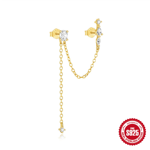 Wholesale S925 Sterling Silver Simple Double Stone Tassel Ear Clip Earrings With Chain Tassel Geometric Shape Electroplated For Women