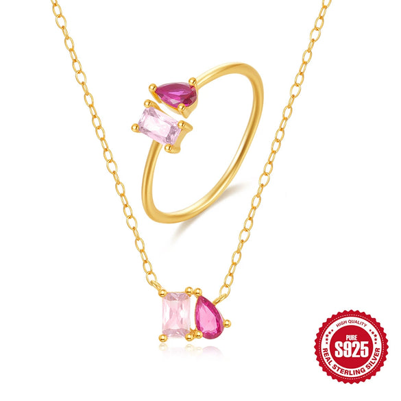Wholesale S925 Sterling Silver Simple Personality Square Geometric Zircon Water Drops Color Diamond Ring Necklace