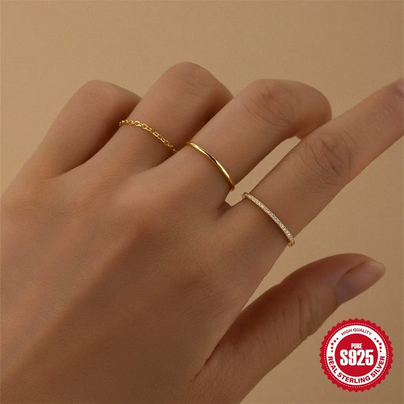 Wholesale S925 Sterling Silver Simple Plain Geometric Ring With Diamond Electroplated Real Gold Plated Women's Light Luxury Finger Ring