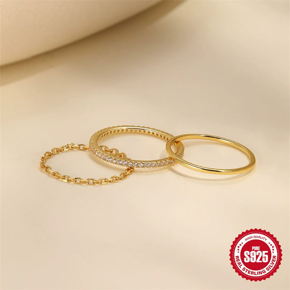 Wholesale S925 Sterling Silver Simple Plain Geometric Ring With Diamond Electroplated Real Gold Plated Women's Light Luxury Finger Ring