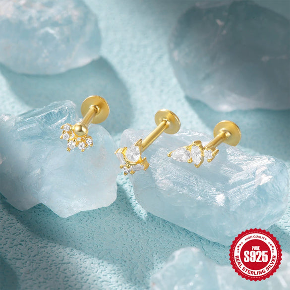 Wholesale S925 Sterling Silver Single Diamond Inlaid Flat Ear Studs Body Piercing Earrings For Women Fashion Style