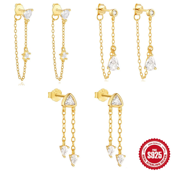 Wholesale S925 Sterling Silver Single Diamond Tassel Chain Rear Hanging Earrings With Geometric Shape Electroplated For Women