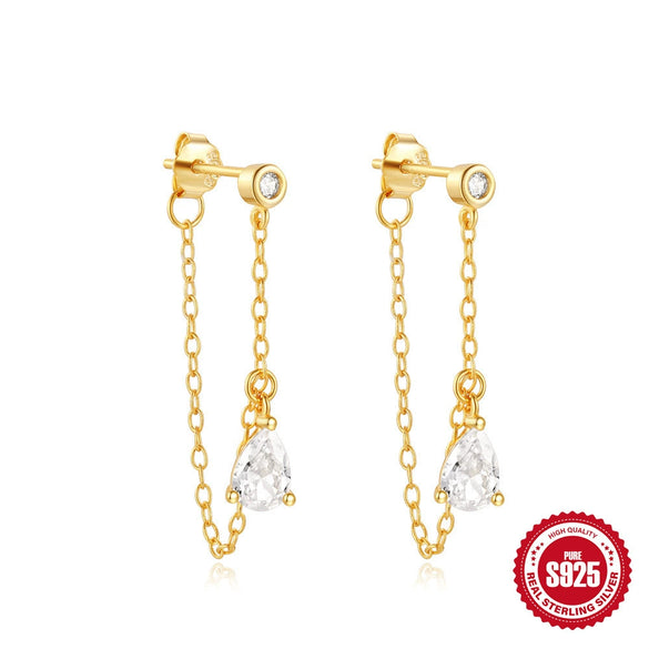 Wholesale S925 Sterling Silver Single Diamond Tassel Chain Rear Hanging Earrings With Geometric Shape Electroplated For Women