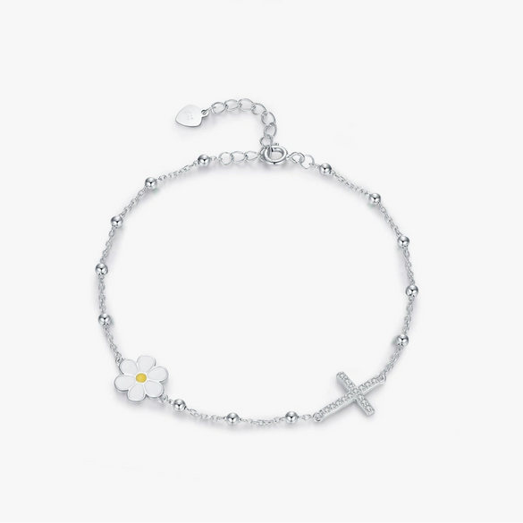 Wholesale S925 Sterling Silver Small Daisy Full Diamond Cross Light Bead Bracelet For Women