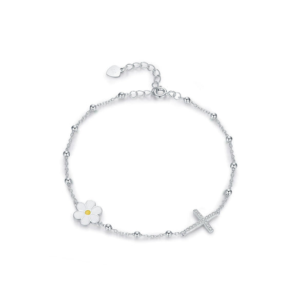 Wholesale S925 Sterling Silver Small Daisy Full Diamond Cross Light Bead Bracelet For Women