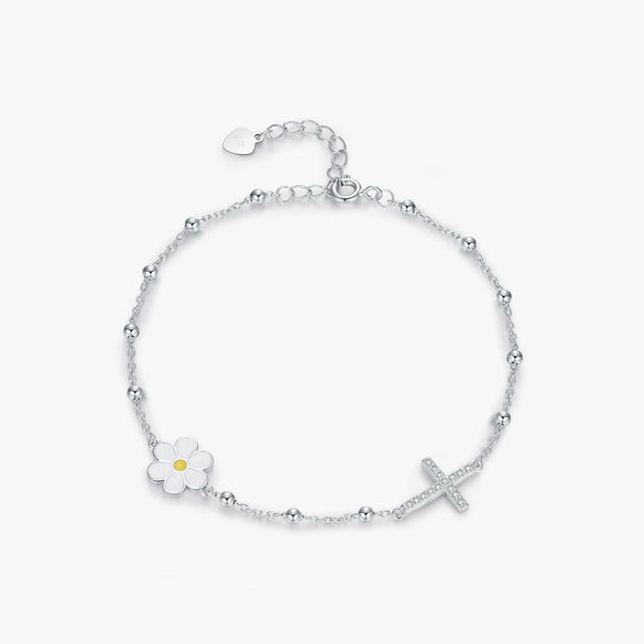 Wholesale S925 Sterling Silver Small Daisy Full Diamond Cross Light Bead Bracelet For Women