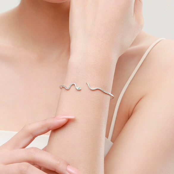 Wholesale S925 Sterling Silver Snake Shaped Opening Bracelet With Niche Design And Micro Inlay For Women
