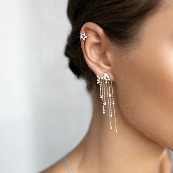 Wholesale S925 Sterling Silver Sparkling Star Tassel Pendant Earrings With Electroplated Platinum For Women Geometric Style