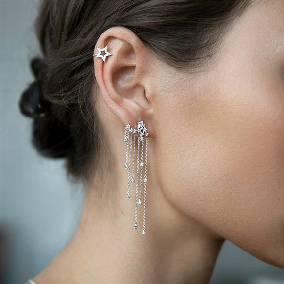 Wholesale S925 Sterling Silver Sparkling Star Tassel Pendant Earrings With Electroplated Platinum For Women Geometric Style