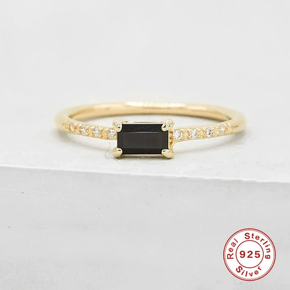 Wholesale S925 Sterling Silver Square Ring With Black Diamond 18K Gold Plated Inlaid Zircon Geometric Style Simple And Generous