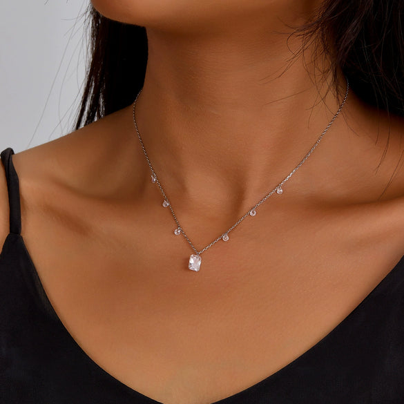 Wholesale S925 Sterling Silver Square Zircon Water Drop Geometric Clavicle Chain Necklace With Electroplating