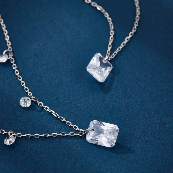 Wholesale S925 Sterling Silver Square Zircon Water Drop Geometric Clavicle Chain Necklace With Electroplating