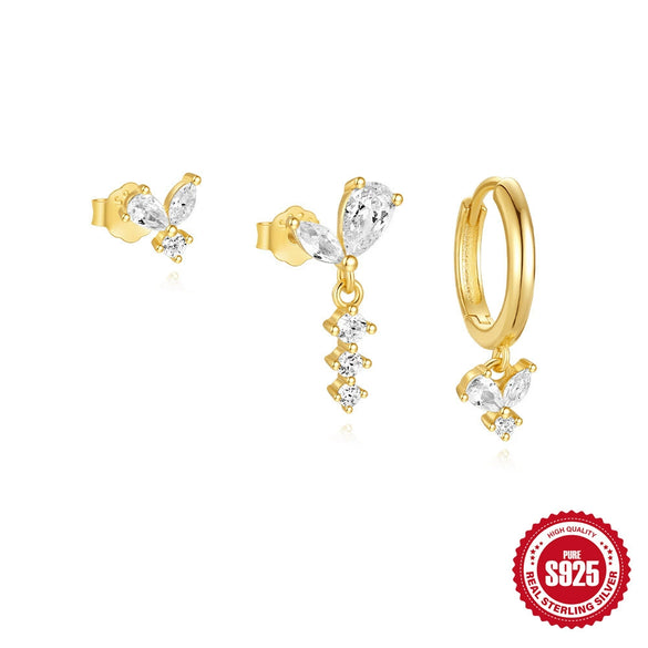 Wholesale S925 Sterling Silver Stacking Style Butterfly Star Earrings Three Piece Set With Horse Eye And Water Drops Zircon Patchwork Electroplated