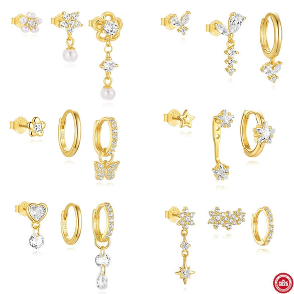 Wholesale S925 Sterling Silver Stacking Style Butterfly Star Earrings Three Piece Set With Horse Eye And Water Drops Zircon Patchwork Electroplated