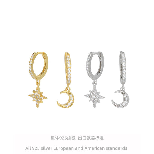 Wholesale S925 Sterling Silver Star And Moon Inlaid Zircon Women's Earrings