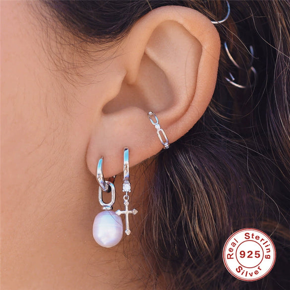 Wholesale S925 Sterling Silver Star Moon Diamond Aobao Ear Ring With Cross Ear Buckle For Women Real Gold Plated Geometric Design