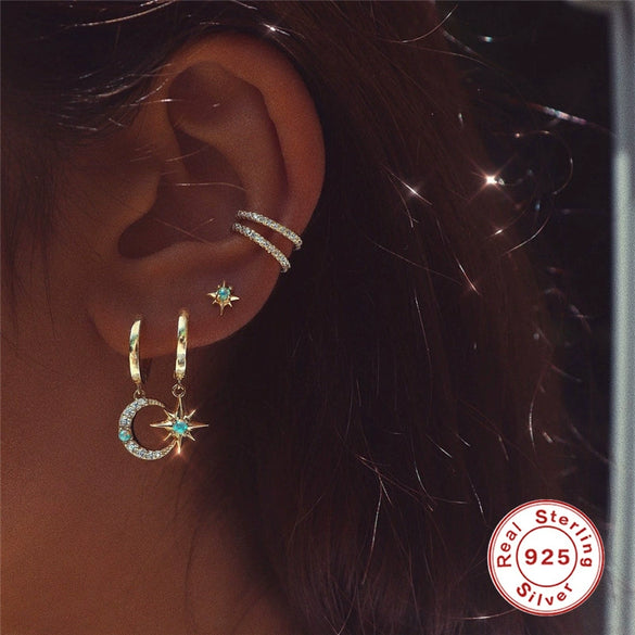 Wholesale S925 Sterling Silver Star Moon Diamond Aobao Ear Ring With Cross Ear Buckle For Women Real Gold Plated Geometric Design