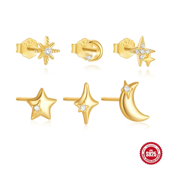 Wholesale S925 Sterling Silver Star Moon Element Minimalist Three Piece Earrings With Zirconia Design