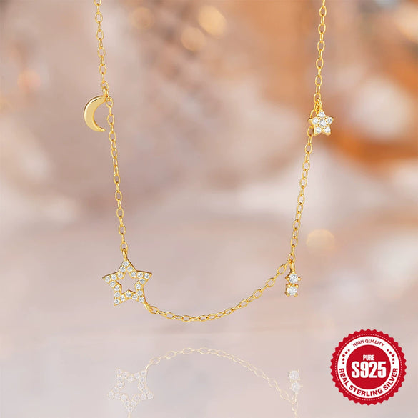 Wholesale S925 Sterling Silver Star Moon Geometric Stacked Collarbone Necklace With Electroplating For Women