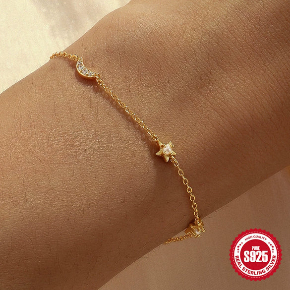 Wholesale S925 Sterling Silver Star Moon Pearl Overlapping Bracelet With Geometric Design And Real Gold Plating For Women
