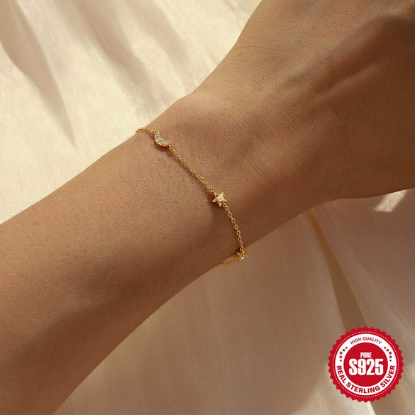 Wholesale S925 Sterling Silver Star Moon Pearl Overlapping Bracelet With Geometric Design And Real Gold Plating For Women