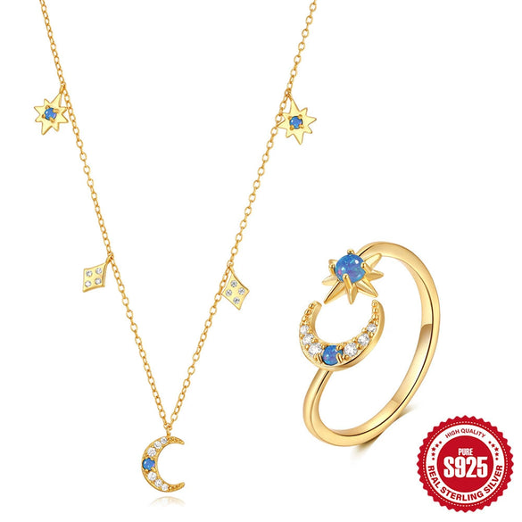 Wholesale S925 Sterling Silver Star Moon Set Opal Stacked Necklace And Adjustable Ring With O Chain Electroplated For Unisex And Women