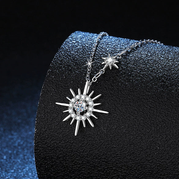 Wholesale S925 Sterling Silver Star Moon Six Point Star Pendant Necklace With Tassel And Electroplating For Women