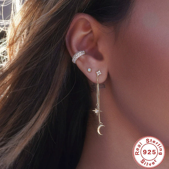 Wholesale S925 Sterling Silver Star Moon Tassel Earrings With Zirconia Treatment And Star Shaped Design For Women
