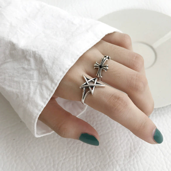 Wholesale S925 Sterling Silver Star Retro Rock Art Style Open Ring With Polishing Treatment