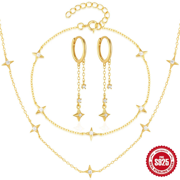 Wholesale S925 Sterling Silver Star Shaped Jewelry Suit With Zircon And Electroplating For Unisex Bracelet Necklace Earrings