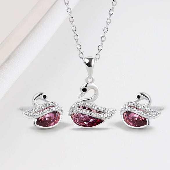 Wholesale S925 Sterling Silver Swan Pattern Austrian Crystal Necklace And Stud Earrings With Electroplating