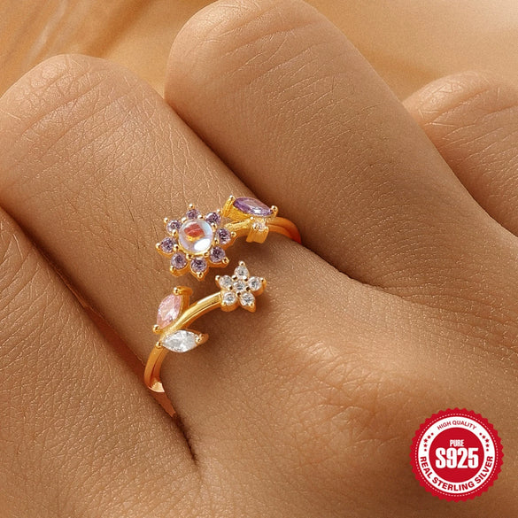 Wholesale S925 Sterling Silver Sweet Fairy Butterfly Flower Geometric Open Ring With Electroplating