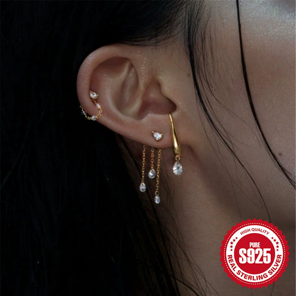 Wholesale S925 Sterling Silver Tassel Chain Geometric Star Inlaid Stone Earrings For Women