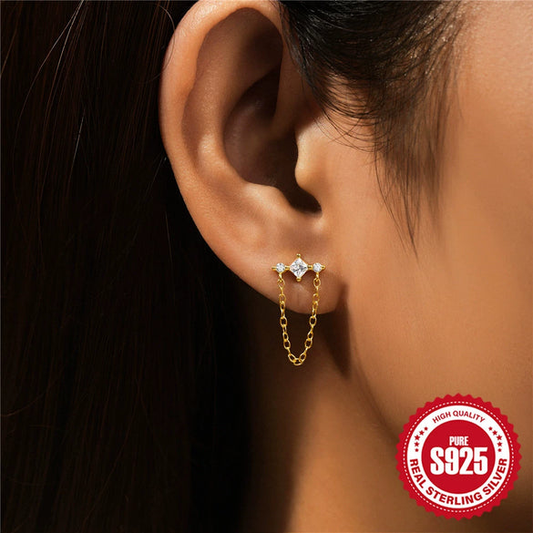 Wholesale S925 Sterling Silver Tassel Geometric Double Five Pointed Star Ear Studs Earrings With Inlaid Zircon
