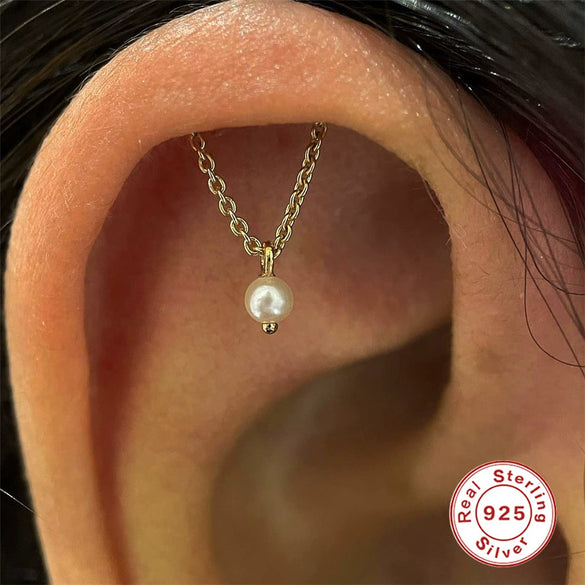 Wholesale S925 Sterling Silver Tassel Pearl Chain Flat Head Internal Thread Piercing Ear Bone Nail Earrings With Geometric Design And Electroplating Treatment For Women