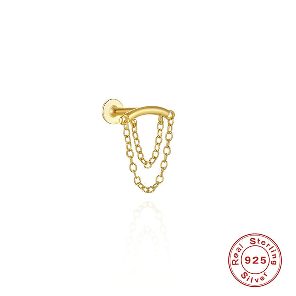 Wholesale S925 Sterling Silver Tassel Pearl Chain Flat Head Internal Thread Piercing Ear Bone Nail Earrings With Geometric Design And Electroplating Treatment For Women
