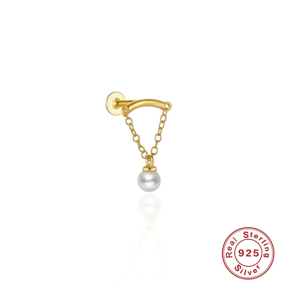 Wholesale S925 Sterling Silver Tassel Pearl Chain Flat Head Internal Thread Piercing Ear Bone Nail Earrings With Geometric Design And Electroplating Treatment For Women