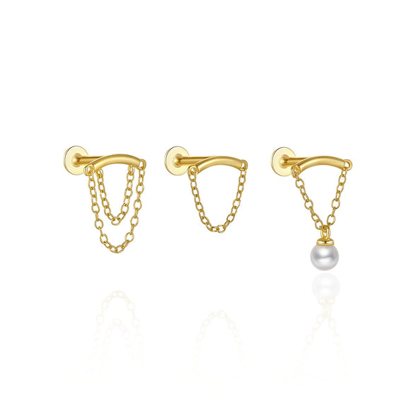 Wholesale S925 Sterling Silver Tassel Pearl Chain Flat Head Internal Thread Piercing Ear Bone Nail Earrings With Geometric Design And Electroplating Treatment For Women
