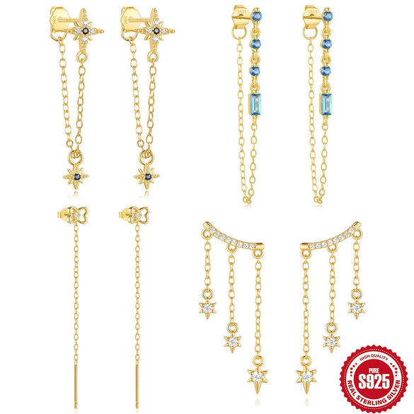 Wholesale S925 Sterling Silver Tassel Star Geometric Pattern Chain Earring With Electroplating For Women