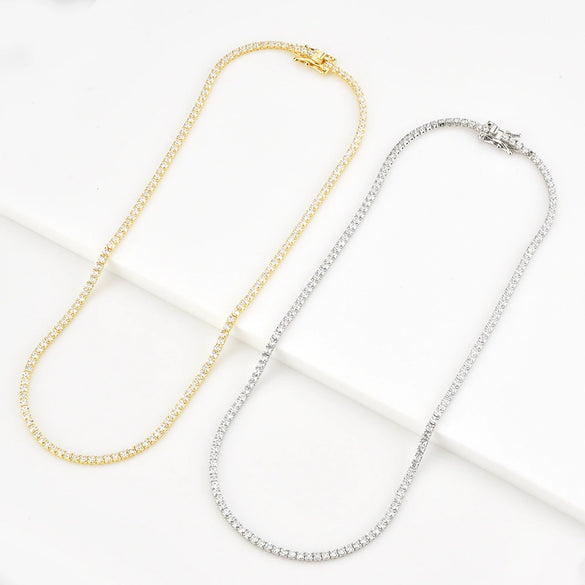 Wholesale S925 Sterling Silver Tennis Chain Necklace With Single Row Zircon Inlay Electroplated Platinum Or 18K Gold Geometric Style