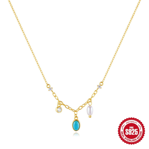 Wholesale S925 Sterling Silver Turquoise Diamond Encrusted Geometric All Match O Chain Necklace With Electroplating For Women