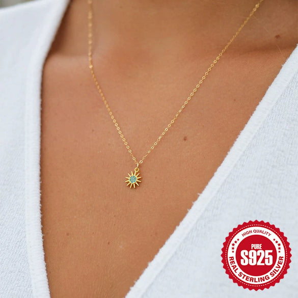 Wholesale S925 Sterling Silver Turquoise Sunflower Geometric Women's Necklace With Electroplating