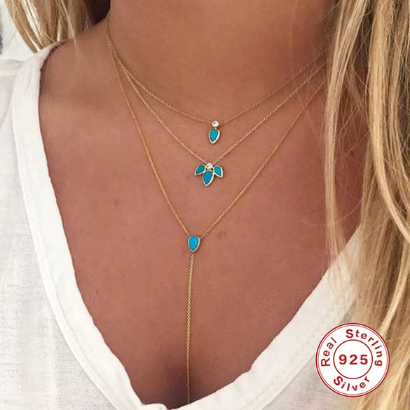 Wholesale S925 Sterling Silver Turquoise Water Drop Geometric Pendant Clavicle Necklace With Electroplating For Women