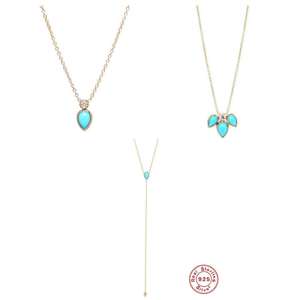 Wholesale S925 Sterling Silver Turquoise Water Drop Geometric Pendant Clavicle Necklace With Electroplating For Women