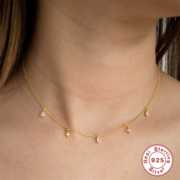 Wholesale S925 Sterling Silver Water Drop And Octagonal Star Combination Pendant Necklace With Choker Clavicle O Chain Electroplated Sweet And Geometric Style