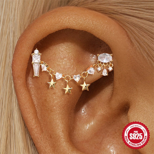 Wholesale S925 Sterling Silver Water Drop Geometric Tassel Earrings With Eight Pointed Star Chain For Women