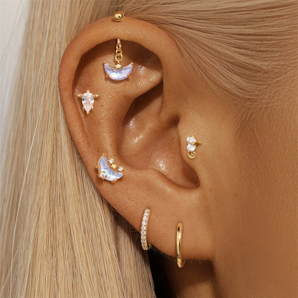 Wholesale S925 Sterling Silver Water Drop Opal Moonstone Inlaid With Zirconium Flat Head Threaded Piercing Ear Bone Nail Earrings Electroplated For Women Geometric