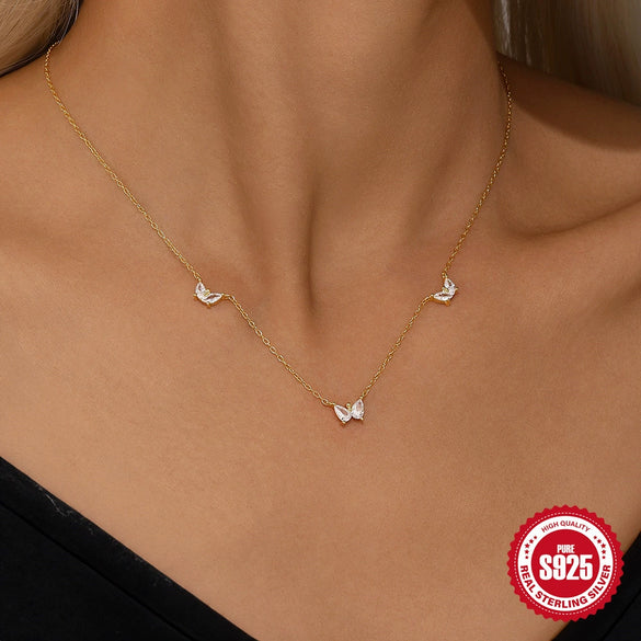 Wholesale S925 Sterling Silver Water Drop Zircon Stitching Butterfly Chain Ring Necklace Earrings Suit With Electroplating Jewelry Set